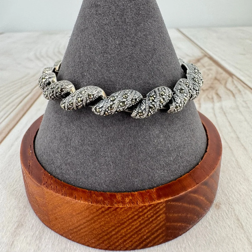 Sterling Silver Marcasite Link Bracelet Stamped 925 Vintage Estate Jewelry